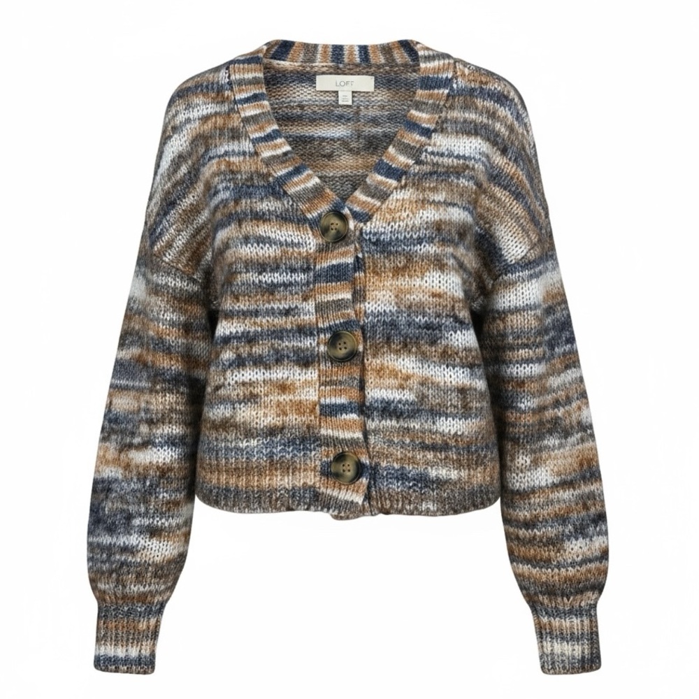 LOFT Space Dye Slouchy Cropped Cardigan V-neck Size Medium ChunkyKnit Wool Blend